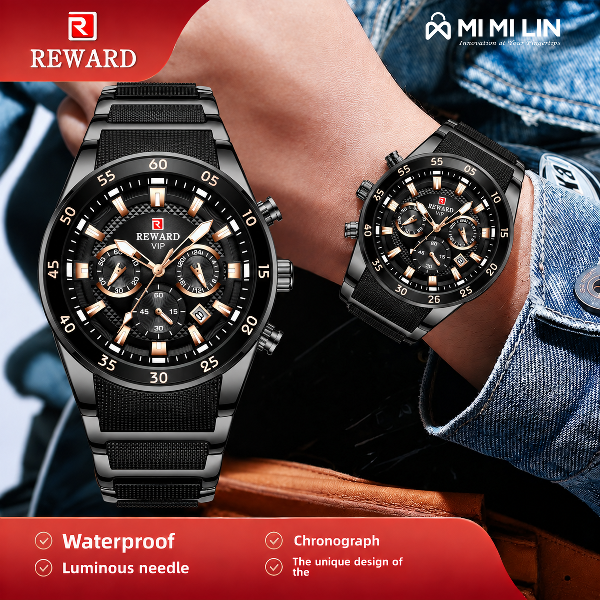 REWARD 81011 Premium Waterproof Chronograph Watch Black Gold