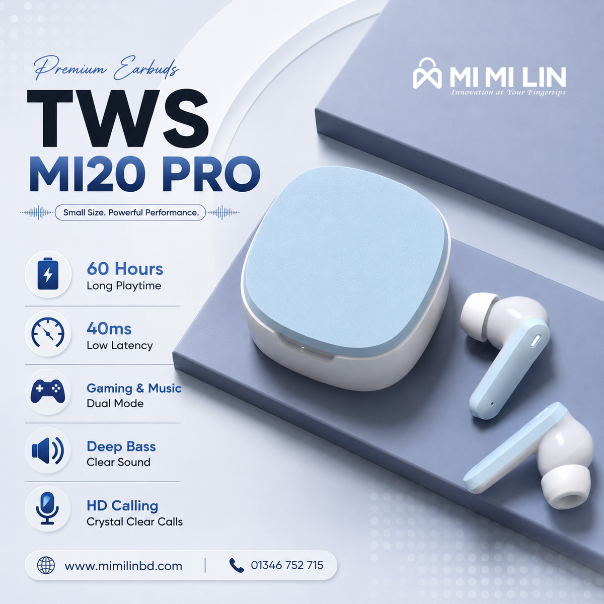 TWS MI20 PRO Premium Earbuds – Powerful Performance