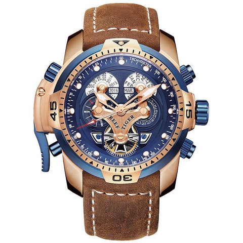 Reef Tiger Men's Military Watches Rose Gold Complicated Blue Dial Watch Automatic Sport Watches RGA3503