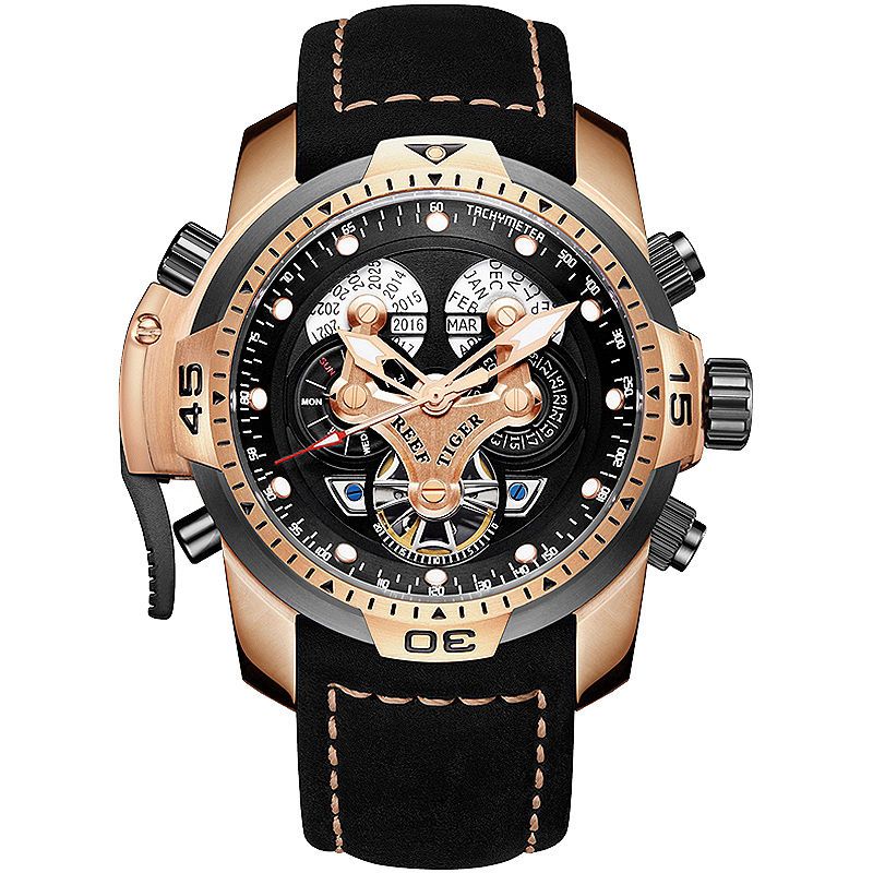 Reef Tiger Men's Military Watches Rose Gold Complicated Blue Dial Watch Automatic Sport Watches RGA3503