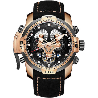 Reef Tiger Men's Military Watches Rose Gold Complicated Blue Dial Watch Automatic Sport Watches RGA3503