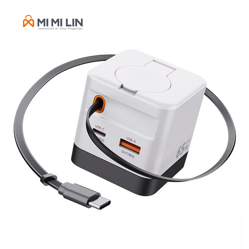 65W GaN Fast Charger with Built-in Retractable USB-C Cable