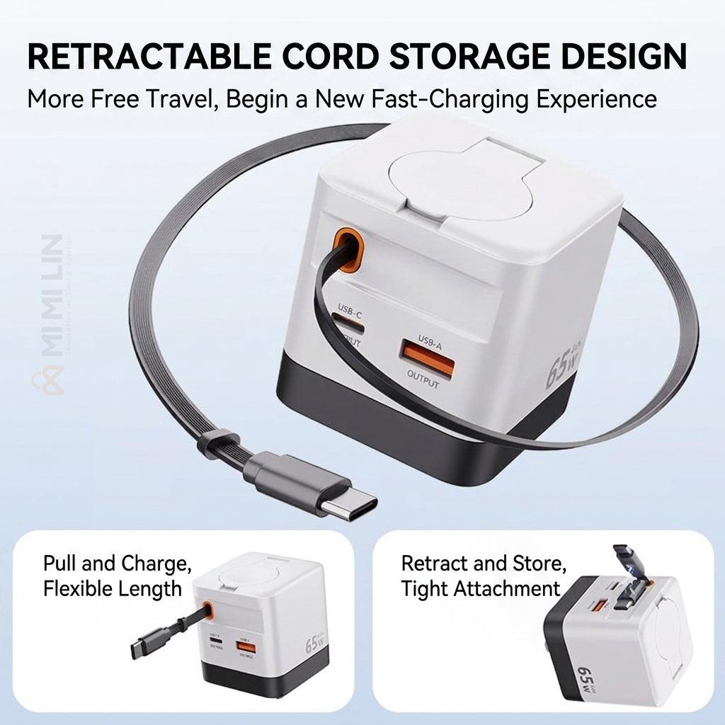 65W GaN Fast Charger with Built-in Retractable USB-C Cable