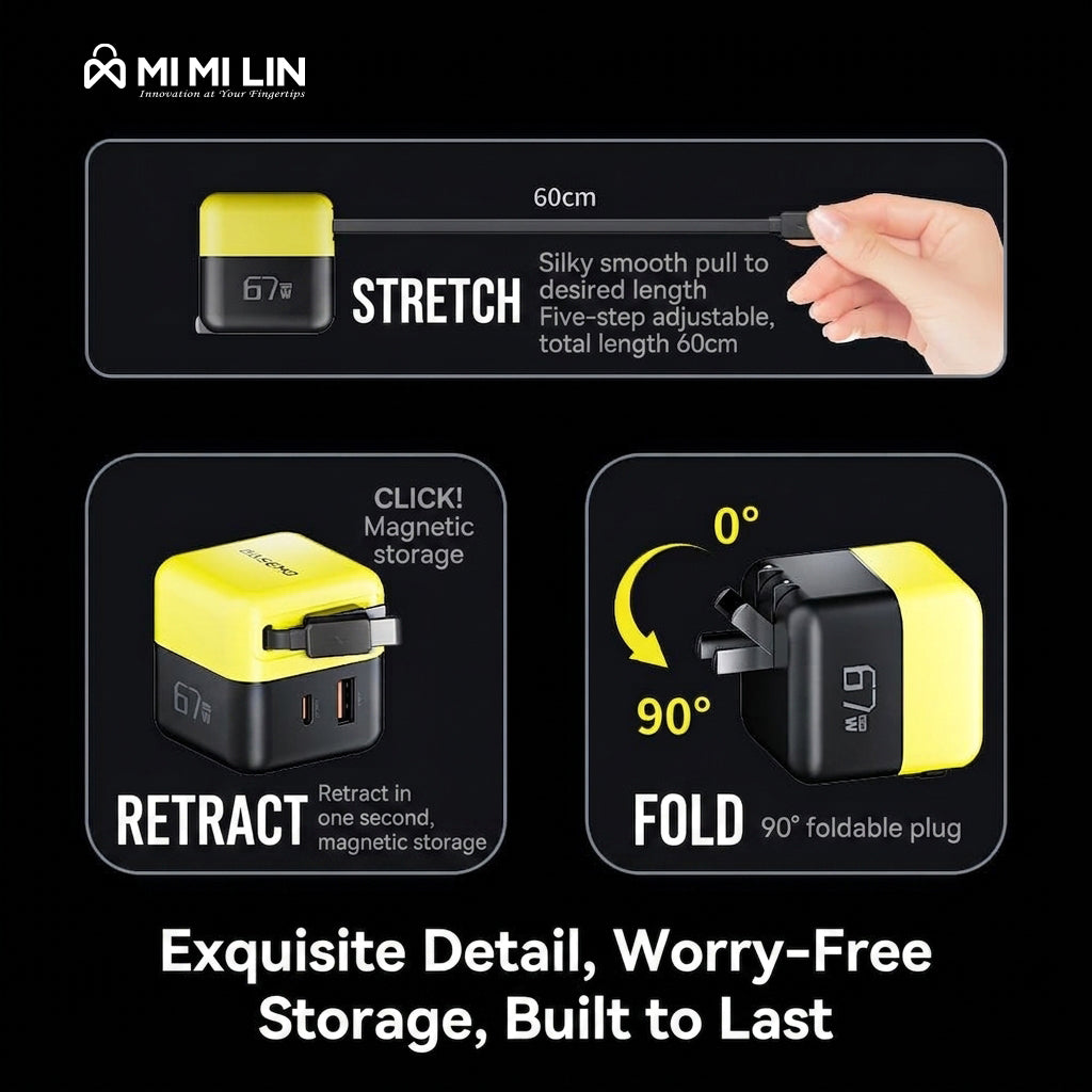67W GaN Fast Charger with Built-in 60cm Retractable Cable