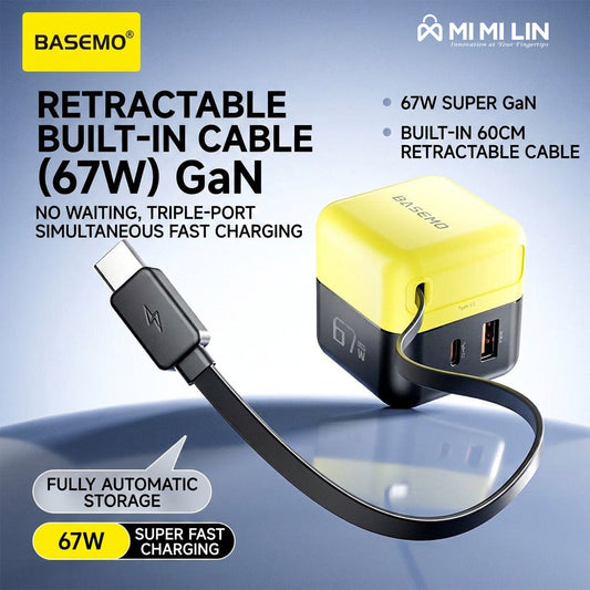 67W GaN Fast Charger with Built-in 60cm Retractable Cable