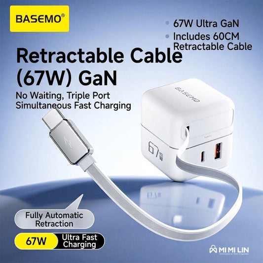 67W GaN Fast Charger with Built-in 60cm Retractable Cable
