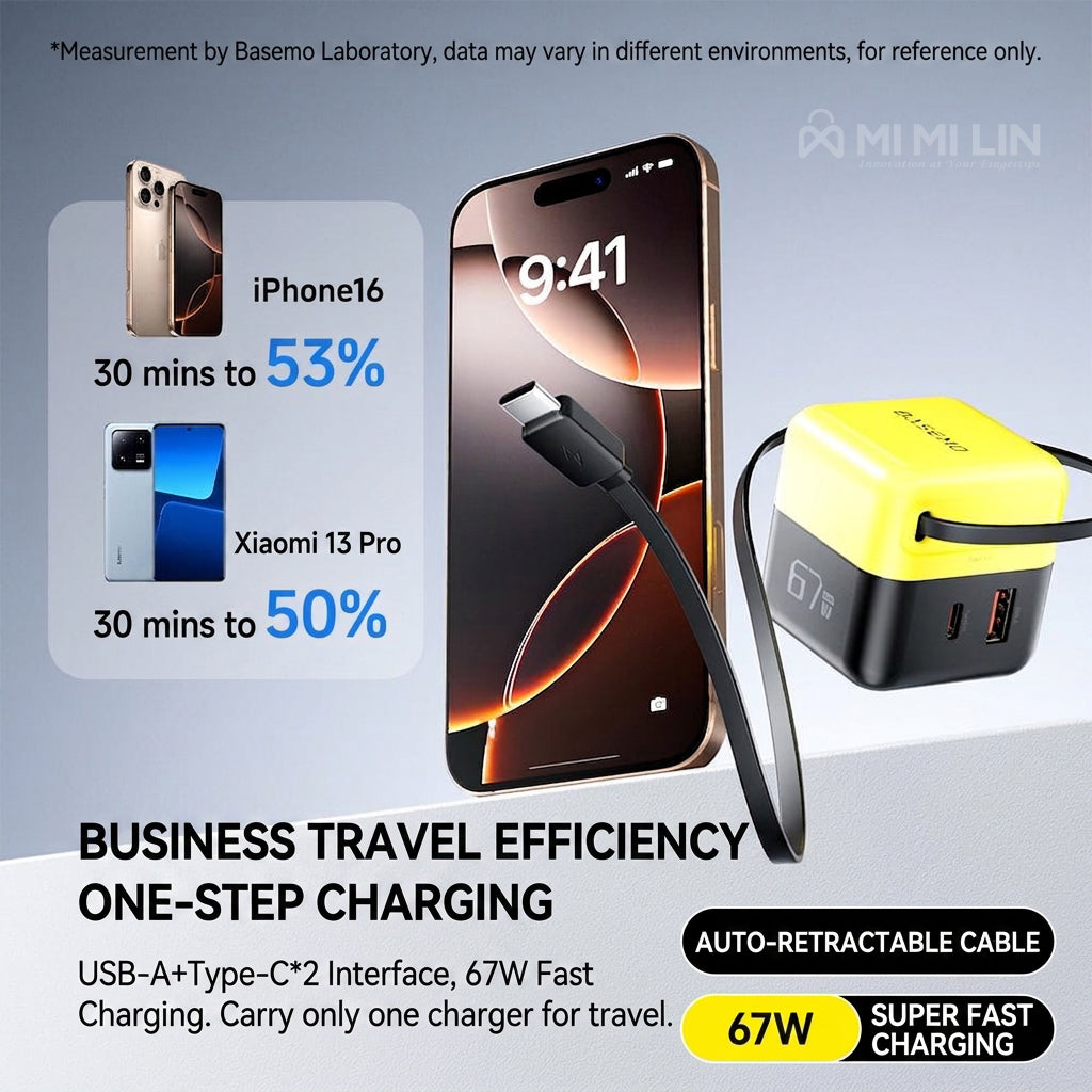 67W GaN Fast Charger with Built-in 60cm Retractable Cable