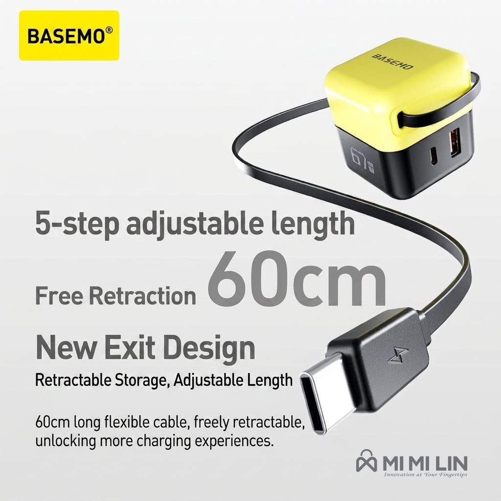 67W GaN Fast Charger with Built-in 60cm Retractable Cable