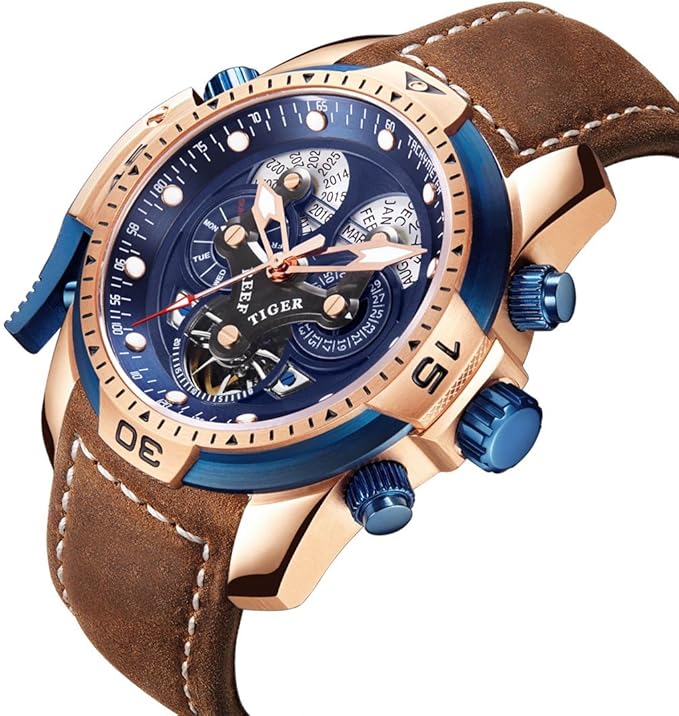 Reef Tiger Men's Military Watches Rose Gold Complicated Blue Dial Watch Automatic Sport Watches RGA3503