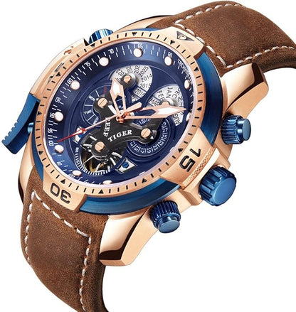 Reef Tiger Men's Military Watches Rose Gold Complicated Blue Dial Watch Automatic Sport Watches RGA3503