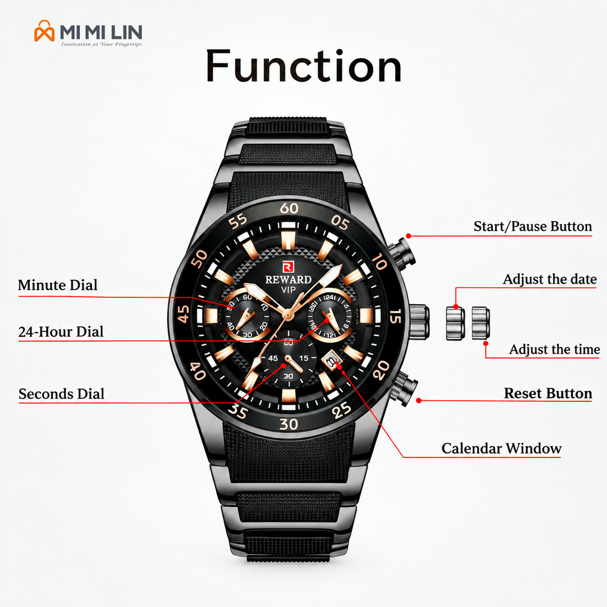 REWARD 81011 Premium Waterproof Chronograph Watch Black Gold