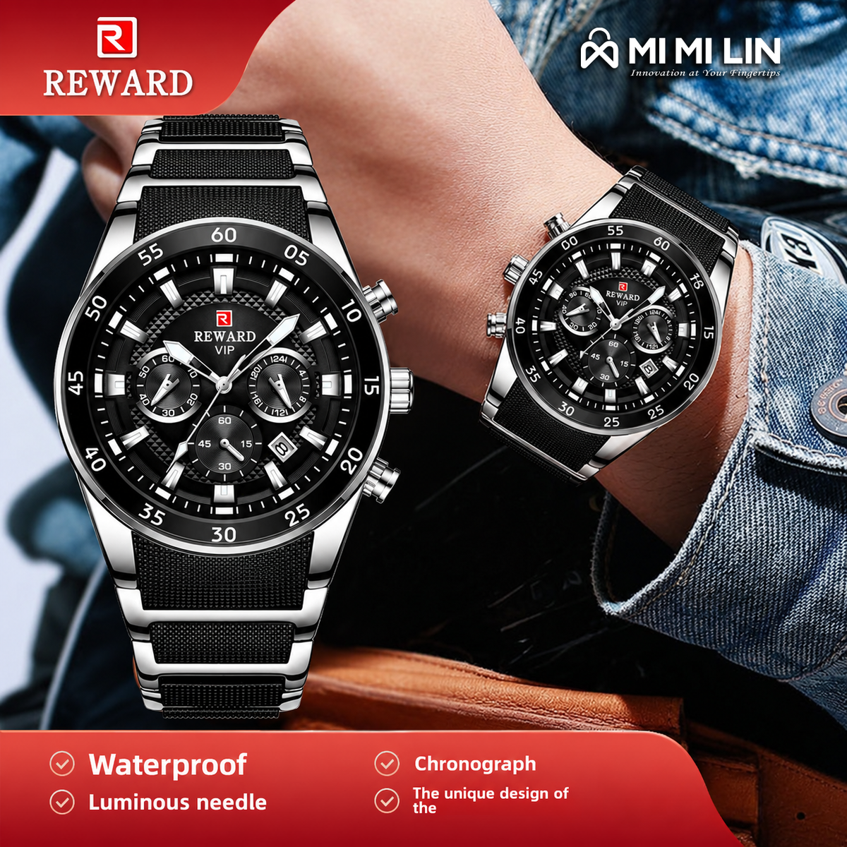 REWARD 81011 Premium Waterproof Chronograph Watch Black