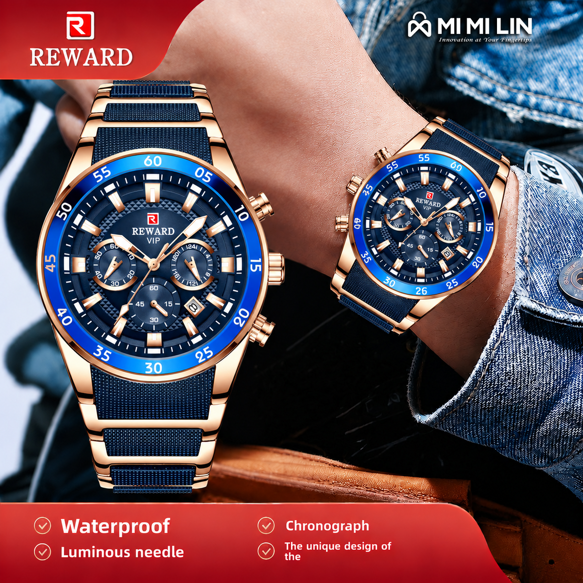REWARD 81011 Premium Waterproof Chronograph Watch Gold Blue