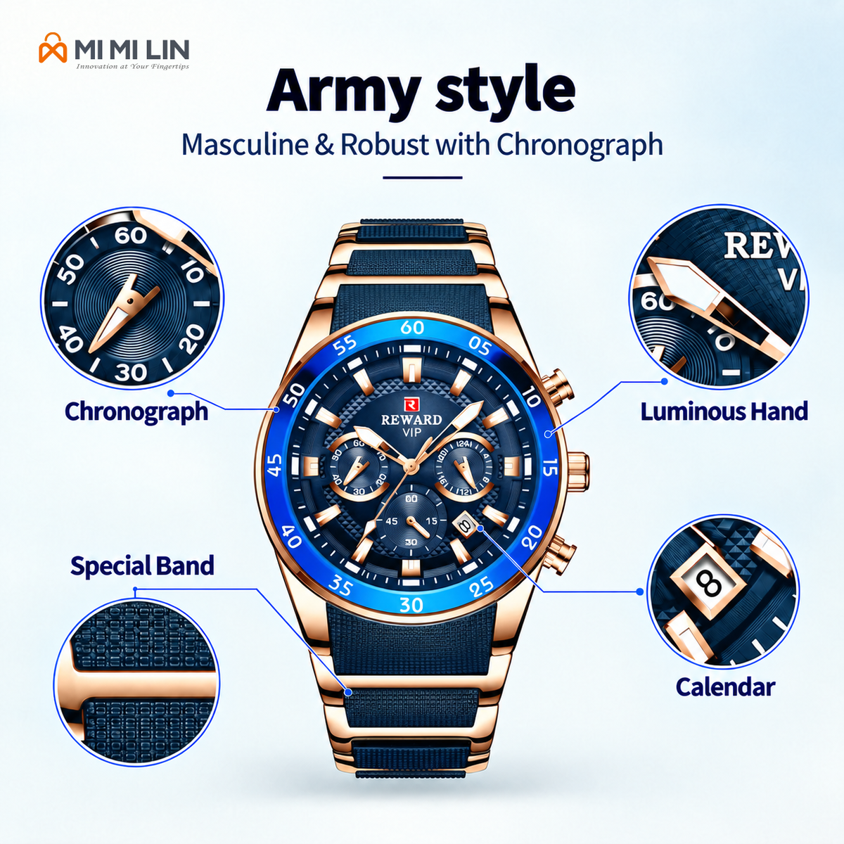 REWARD 81011 Premium Waterproof Chronograph Watch Gold Blue