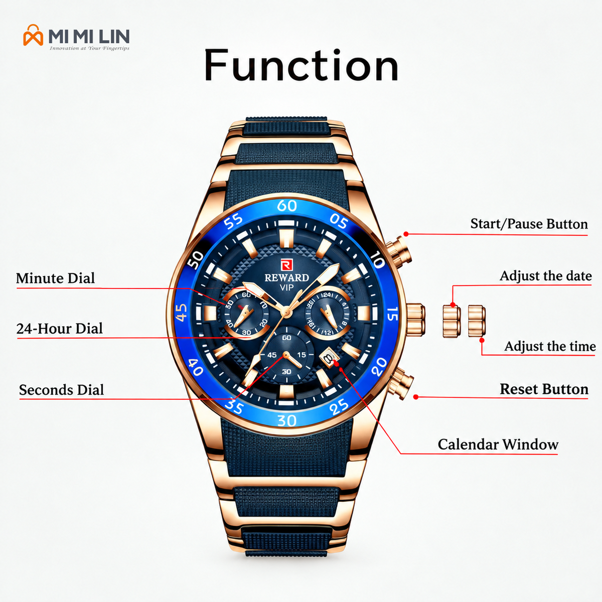 REWARD 81011 Premium Waterproof Chronograph Watch Gold Blue