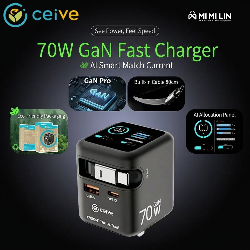 Ceive 70W GaN Fast Charger – USB-C & USB-A Dual Port