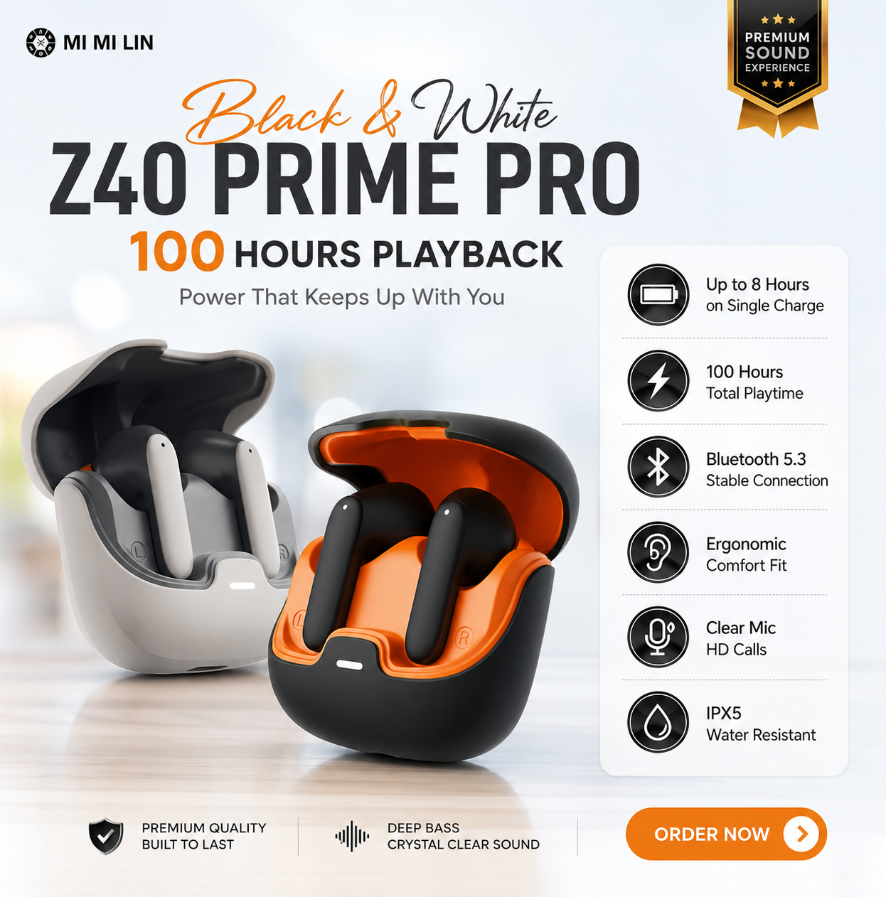 TWS Z40 PRIME PRO EARBUDS– 100 HOUR PLAYTIME PREMIUM ENC
