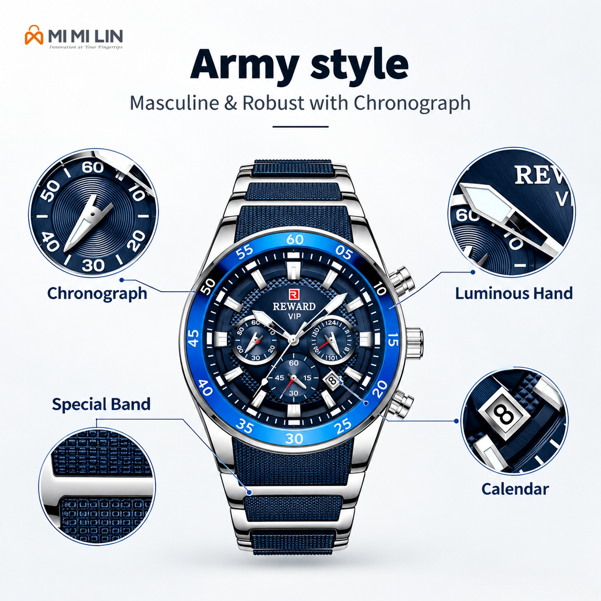 REWARD 81011 Premium Waterproof Chronograph Watch Dark Blue
