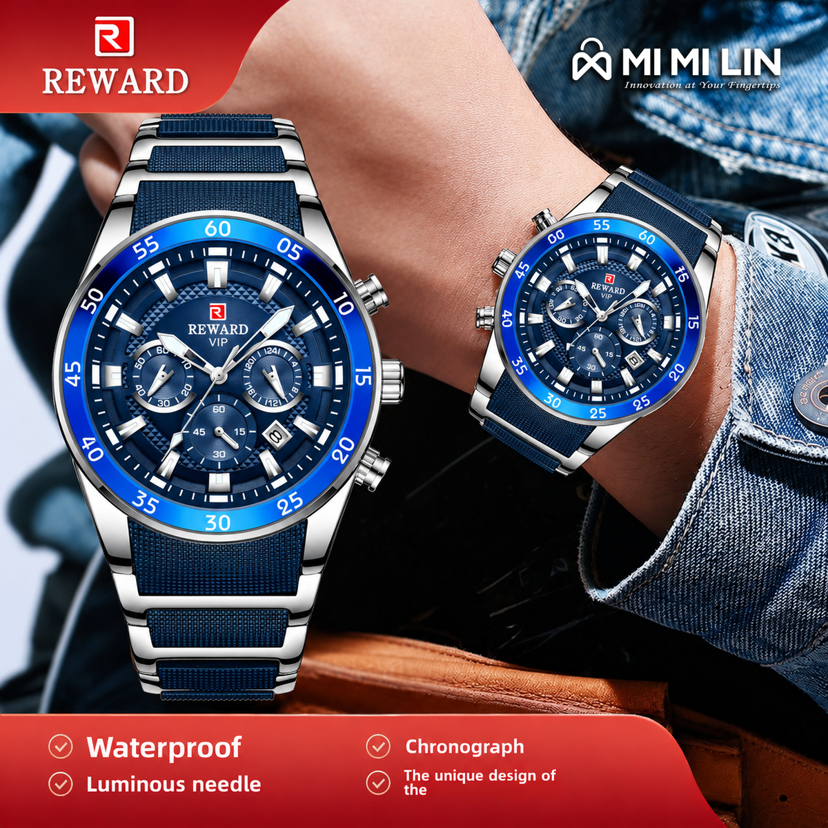 REWARD 81011 Premium Waterproof Chronograph Watch Dark Blue