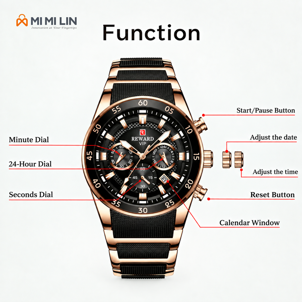 REWARD 81011 Premium Waterproof Chronograph Watch Black Gold