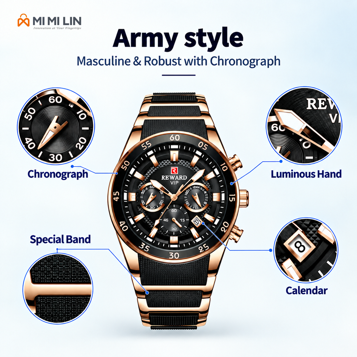 REWARD 81011 Premium Waterproof Chronograph Watch Black Gold