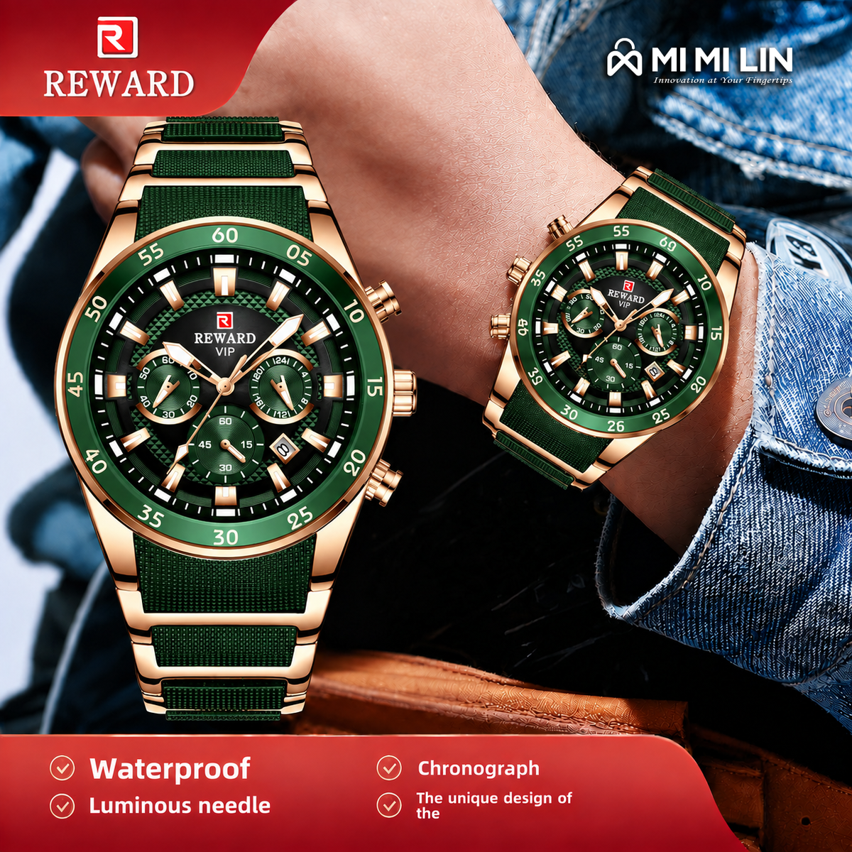REWARD 81011 Premium Waterproof Chronograph Watch Gold Green