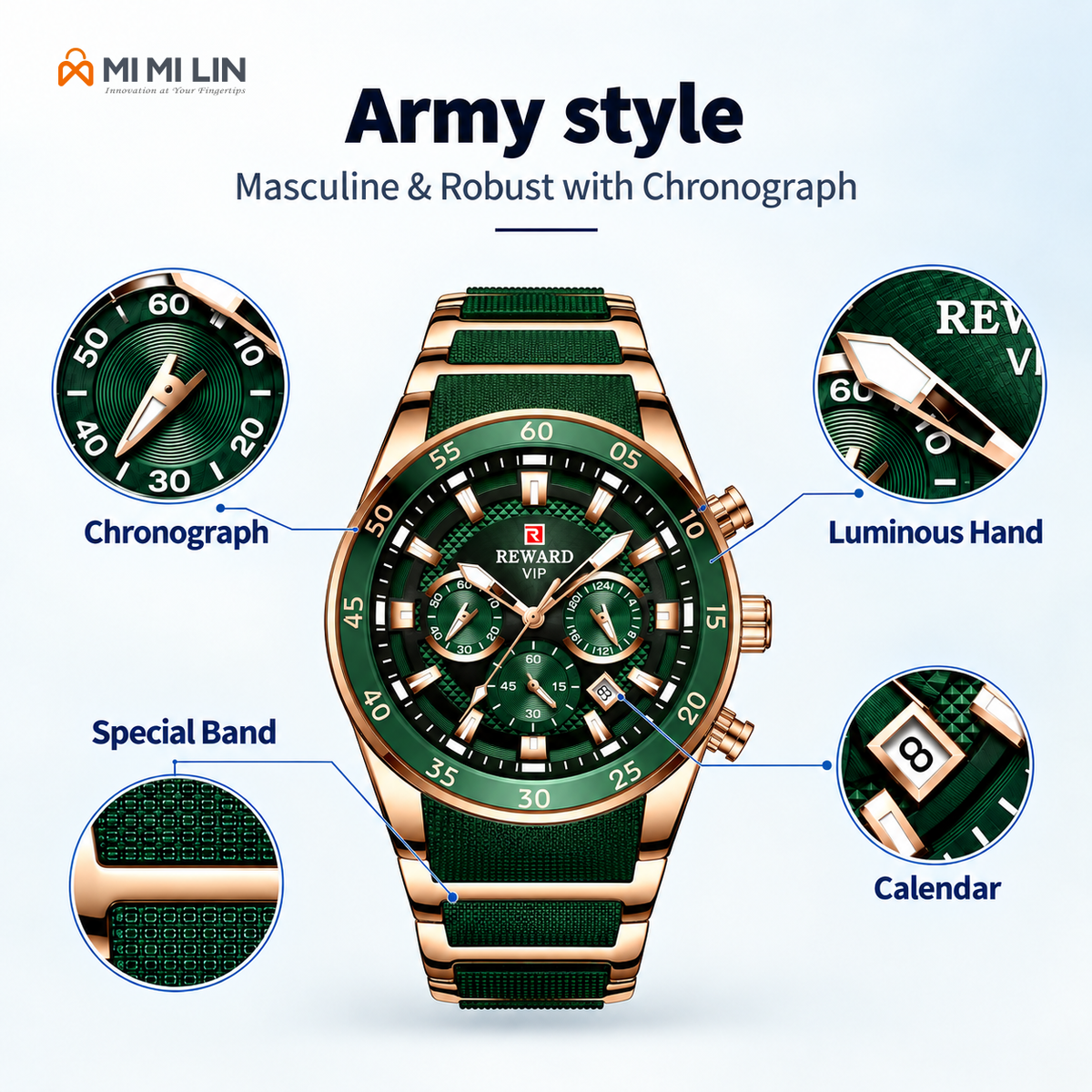 REWARD 81011 Premium Waterproof Chronograph Watch Gold Green