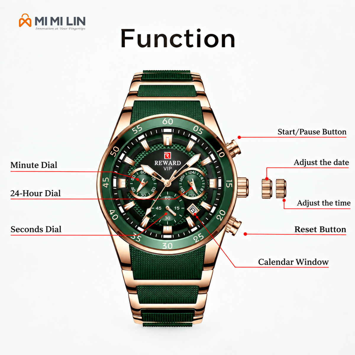 REWARD 81011 Premium Waterproof Chronograph Watch Gold Green