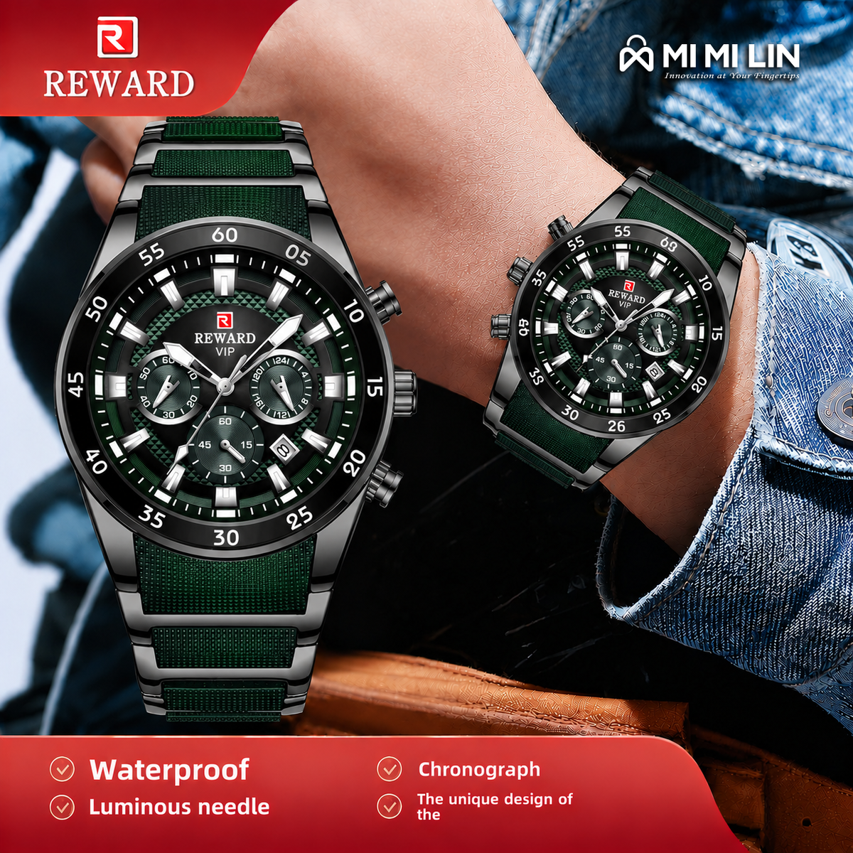 REWARD 81011 Premium Waterproof Chronograph Watch Black Green