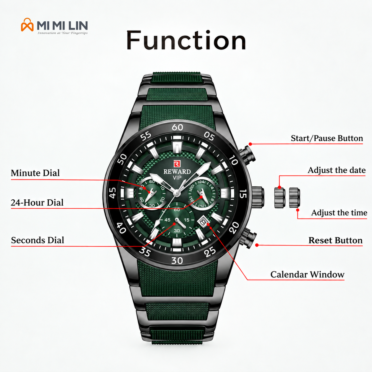 REWARD 81011 Premium Waterproof Chronograph Watch Black Green