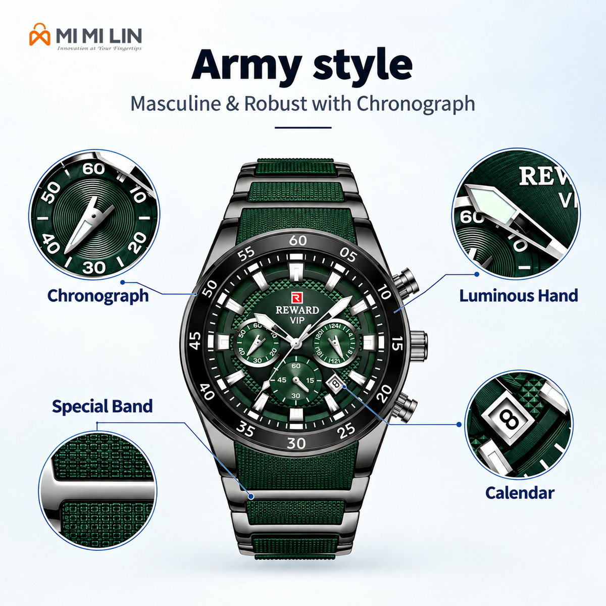 REWARD 81011 Premium Waterproof Chronograph Watch Black Green