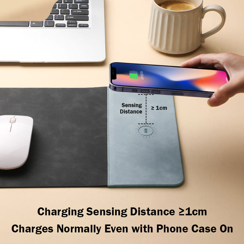 Mouse Pad with 15W Phone Wireless Fast Charging 2 in 1 PU Leather Gaming Mousepad for PC Computer Laptops Office Accessories