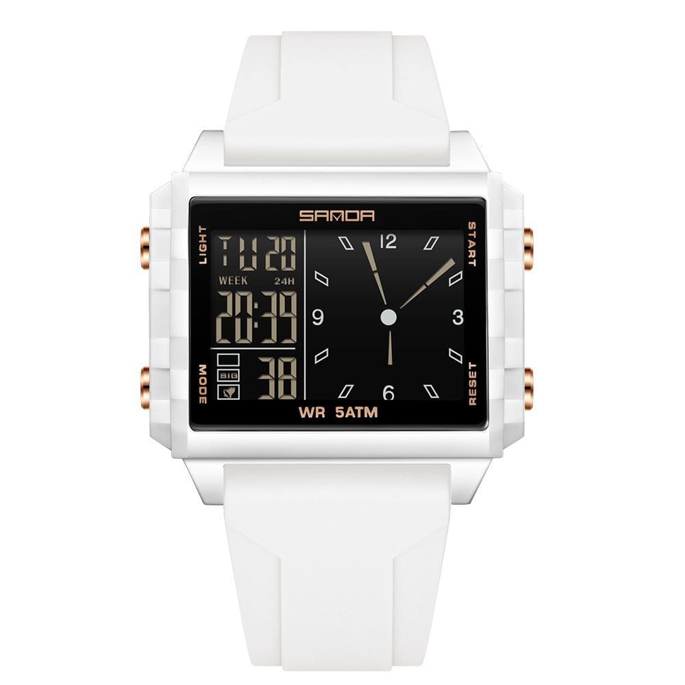 SANDA Men's Dual Display Square Digital Analog Watch - 5ATM Waterproof Sport Wristwatch
