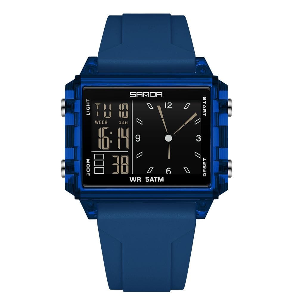 SANDA Men's Dual Display Square Digital Analog Watch - 5ATM Waterproof Sport Wristwatch