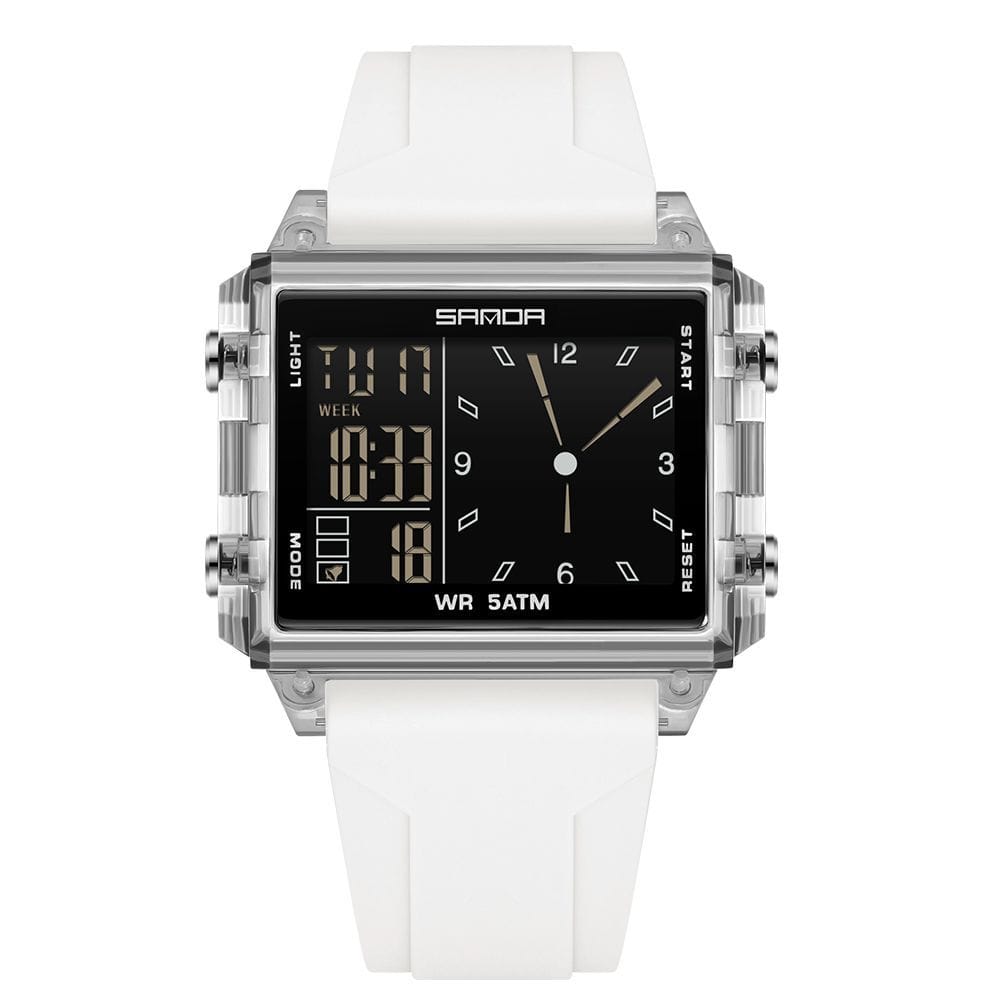 SANDA Men's Dual Display Square Digital Analog Watch - 5ATM Waterproof Sport Wristwatch