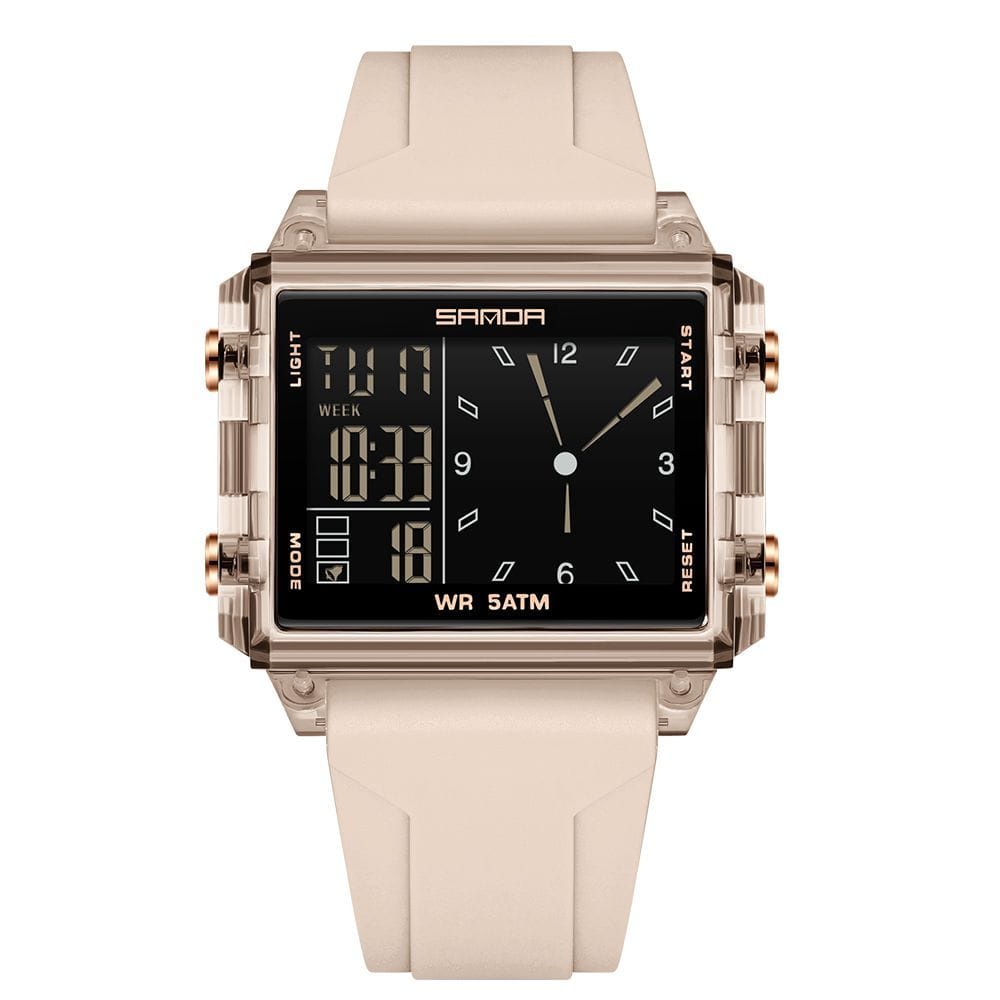 SANDA Men's Dual Display Square Digital Analog Watch - 5ATM Waterproof Sport Wristwatch