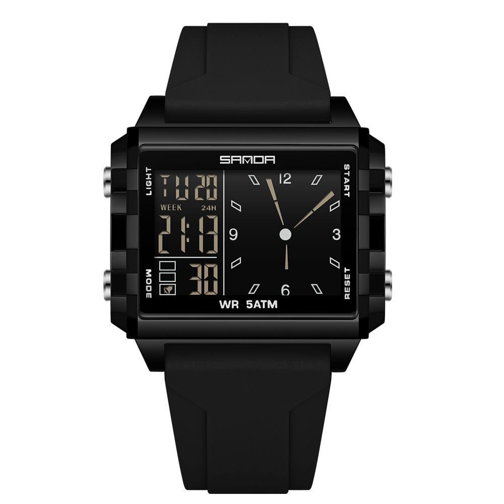 SANDA Men's Dual Display Square Digital Analog Watch - 5ATM Waterproof Sport Wristwatch