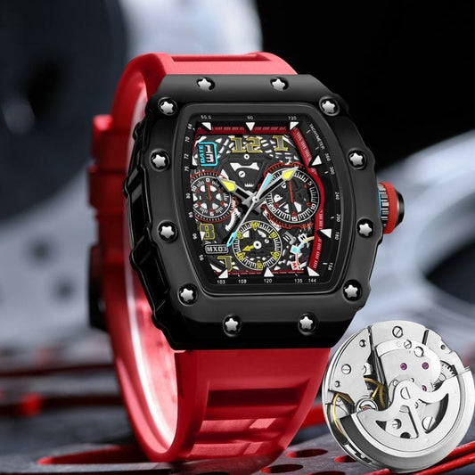 Men's Luxury Sport Skeleton Dial Watch - Waterproof Tonneau Case Silicone Strap Wristwatch
