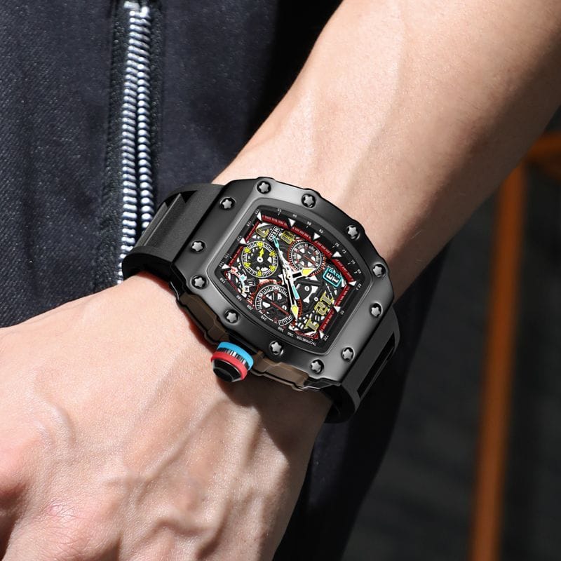 Men's Luxury Sport Skeleton Dial Watch - Waterproof Tonneau Case Silicone Strap Wristwatch