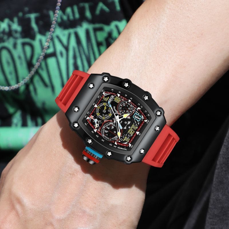 Men's Luxury Sport Skeleton Dial Watch - Waterproof Tonneau Case Silicone Strap Wristwatch