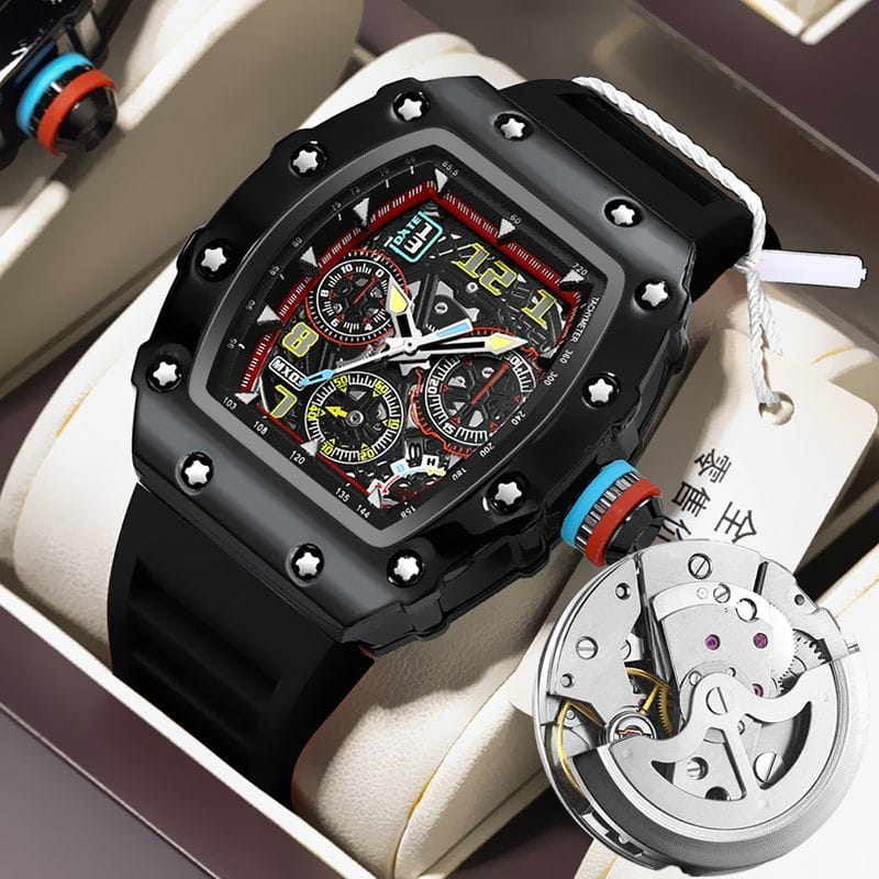 Men's Luxury Sport Skeleton Dial Watch - Waterproof Tonneau Case Silicone Strap Wristwatch