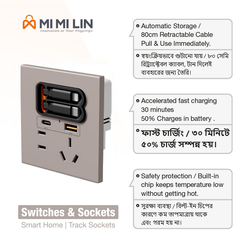 Universal Retractable Wall Socket with 20W Fast Charging & Multi-Port USB