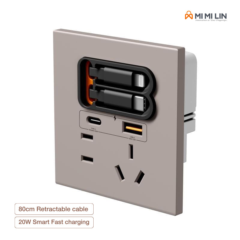 Universal Retractable Wall Socket with 20W Fast Charging & Multi-Port USB